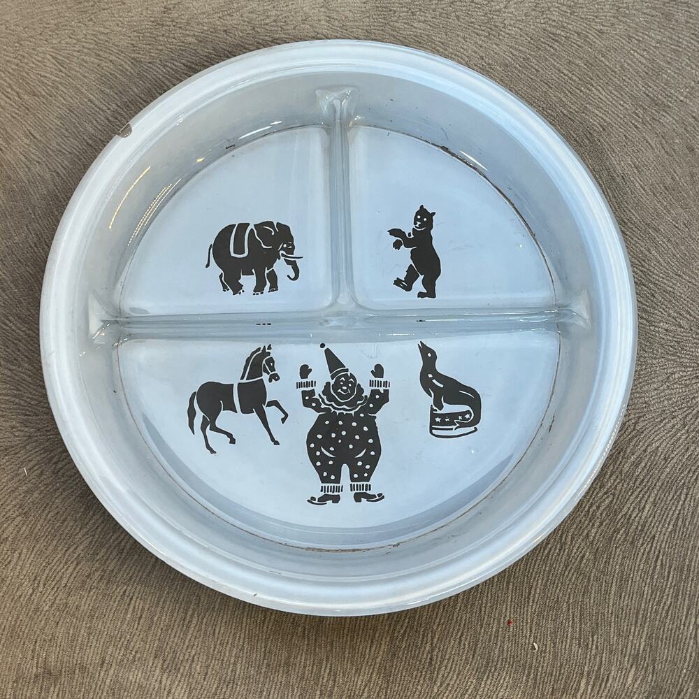 Hazel Atlas Glass Child's Divided Dish Plate Blue Circus Flawed 7.75" VTG